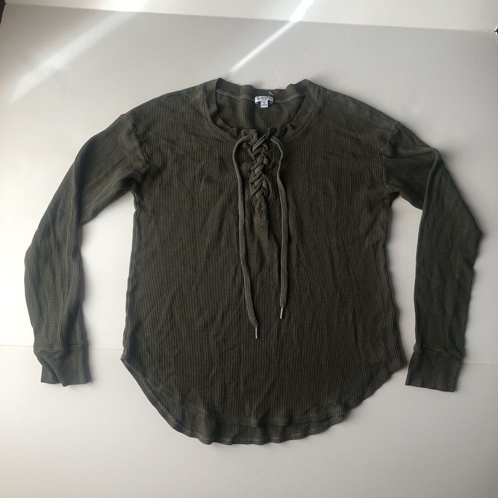 Splendid Womens Thermal Lace Up Waffle Knit Green Top Size Small